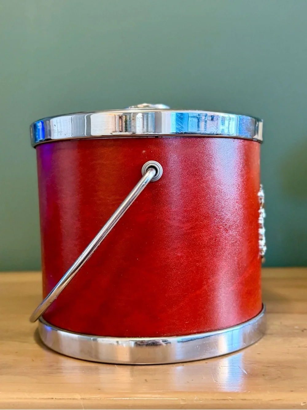 Vintage MCM Ice Bucket Bar Set Red Faux Leather w/ Tools Vegas Glam